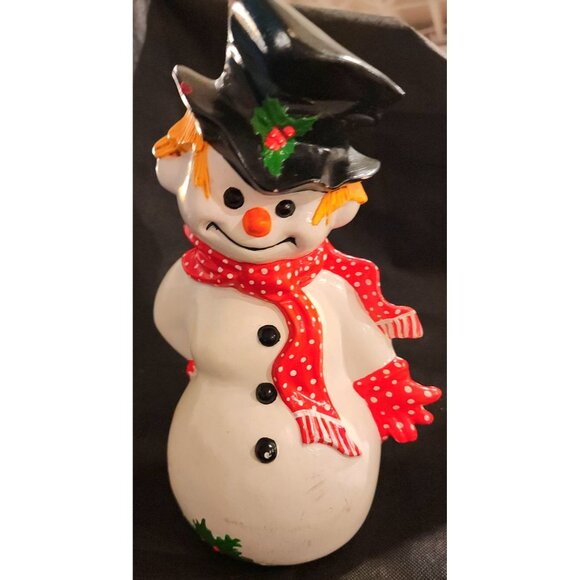 Vintage Ceramic Snowman Figurine With Polka Dot Scarf  Top Hat Decoration - Picture 2 of 12